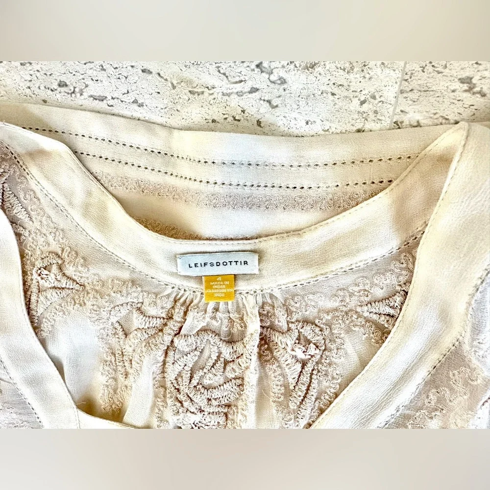 Anthropologie Long Sleeve Embroidered Blouse With Banded Waist, Cream: Size 4